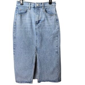 Shein Sz M Denim Midi Jean Skirt Lightwash Front Slit Casual Stretch Boho Rodeo